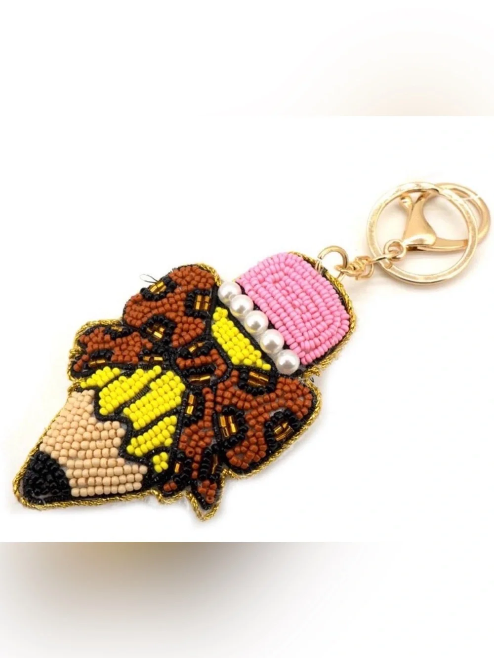 Beaded Ice Cream Cone Keychain - Pink, Yellow, Brown